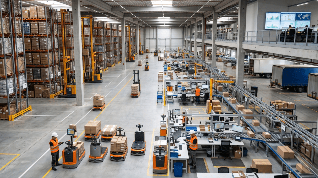 Almacén logístico distribución mayorista con estanterías material técnico organizadas